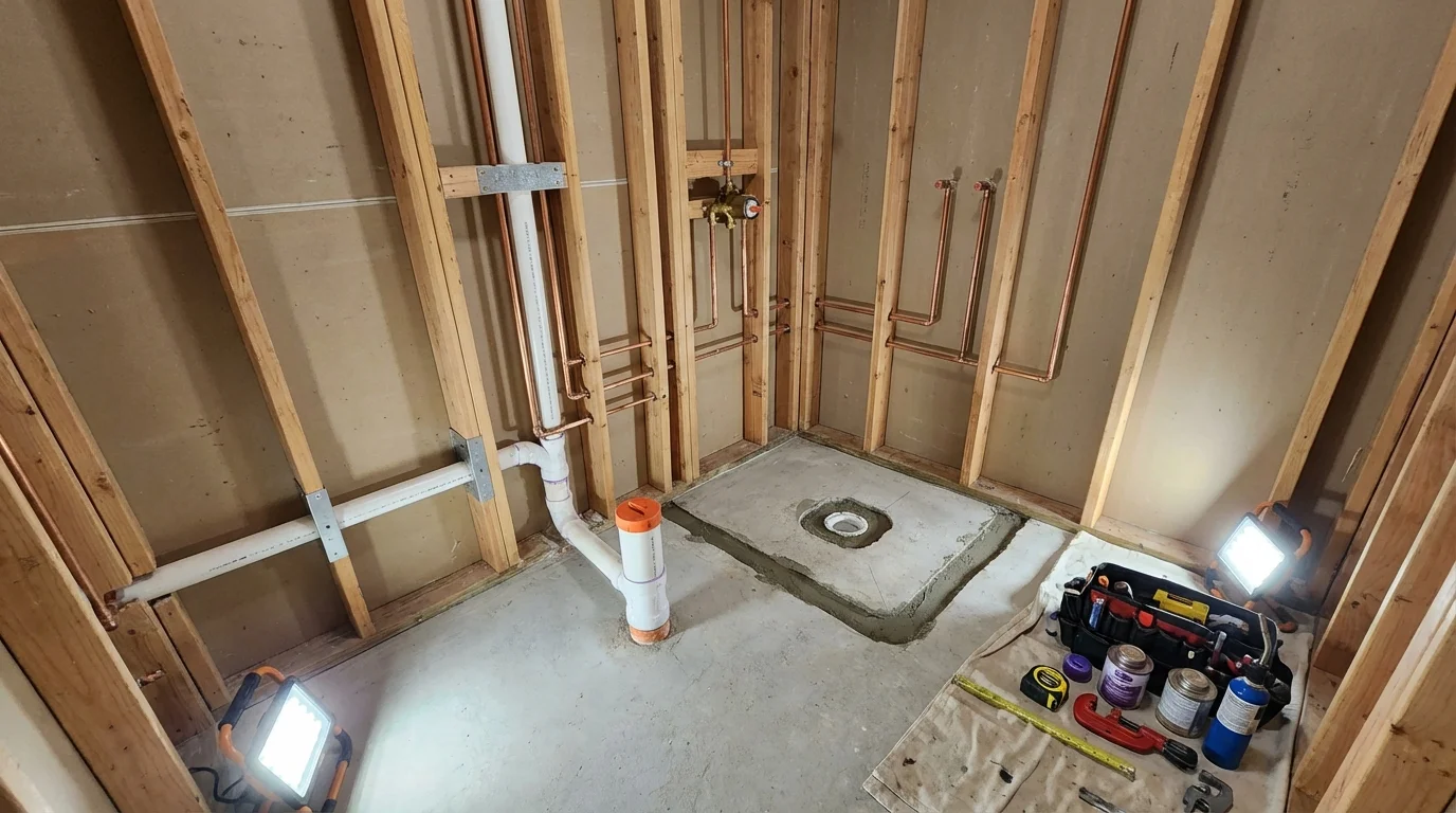 Bathroom rough-in plumbing during remodel by Johns Plumbing LLC in Ithaca