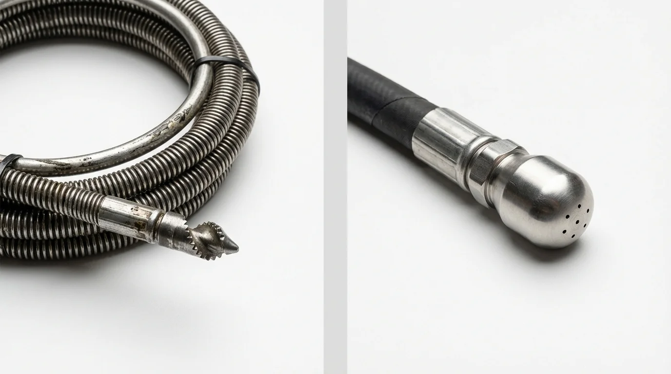 Drain snake cable and hydro jetting nozzle used for drain cleaning in Ithaca, NY