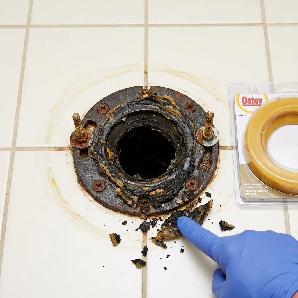 Failed wax ring showing water seepage at the base of a toilet in a Ithaca, NY home
