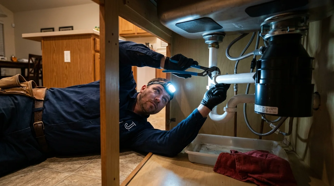 P-trap and supply line connections under a kitchen sink showing a common leak point in Ithaca, NY